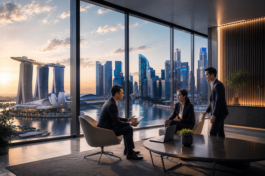Business team meeting in a modern office overlooking the city skyline